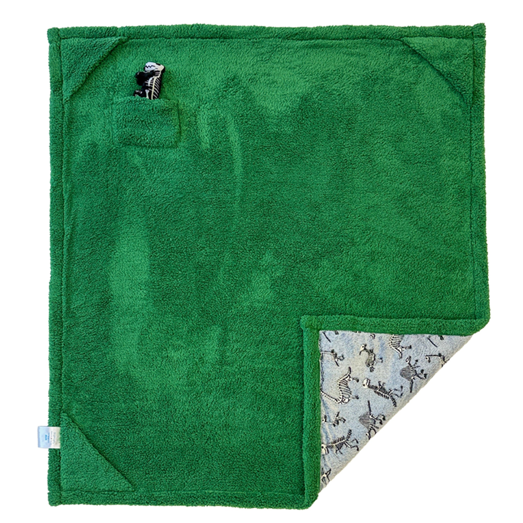 Cozy Switch Blanket – Reversible Sherpa & Glow-in-the-Dark Blanket with Plush Toy Pocket, Glow Dino Bones