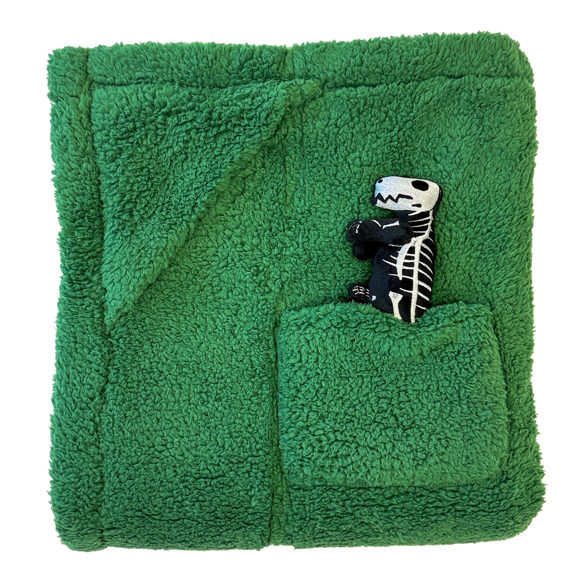 Cozy Switch Blanket – Reversible Sherpa & Glow-in-the-Dark Blanket with Plush Toy Pocket, Glow Dino Bones