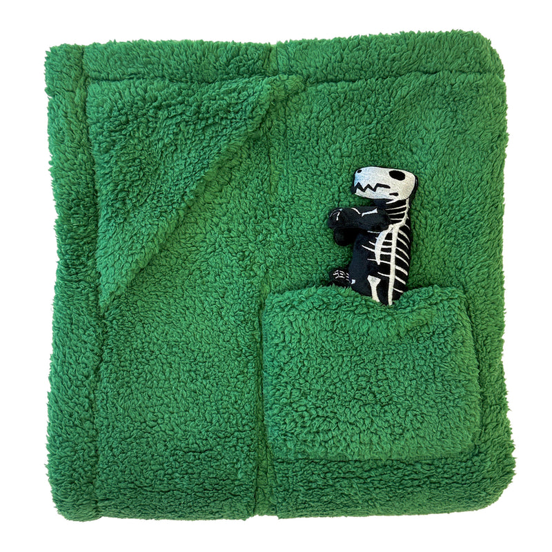 Cozy Switch Blanket – Reversible Sherpa & Glow-in-the-Dark Blanket with Plush Toy Pocket, Glow Dino Bones