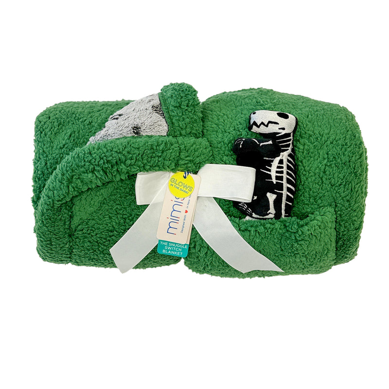 Cozy Switch Blanket – Reversible Sherpa & Glow-in-the-Dark Blanket with Plush Toy Pocket, Glow Dino Bones