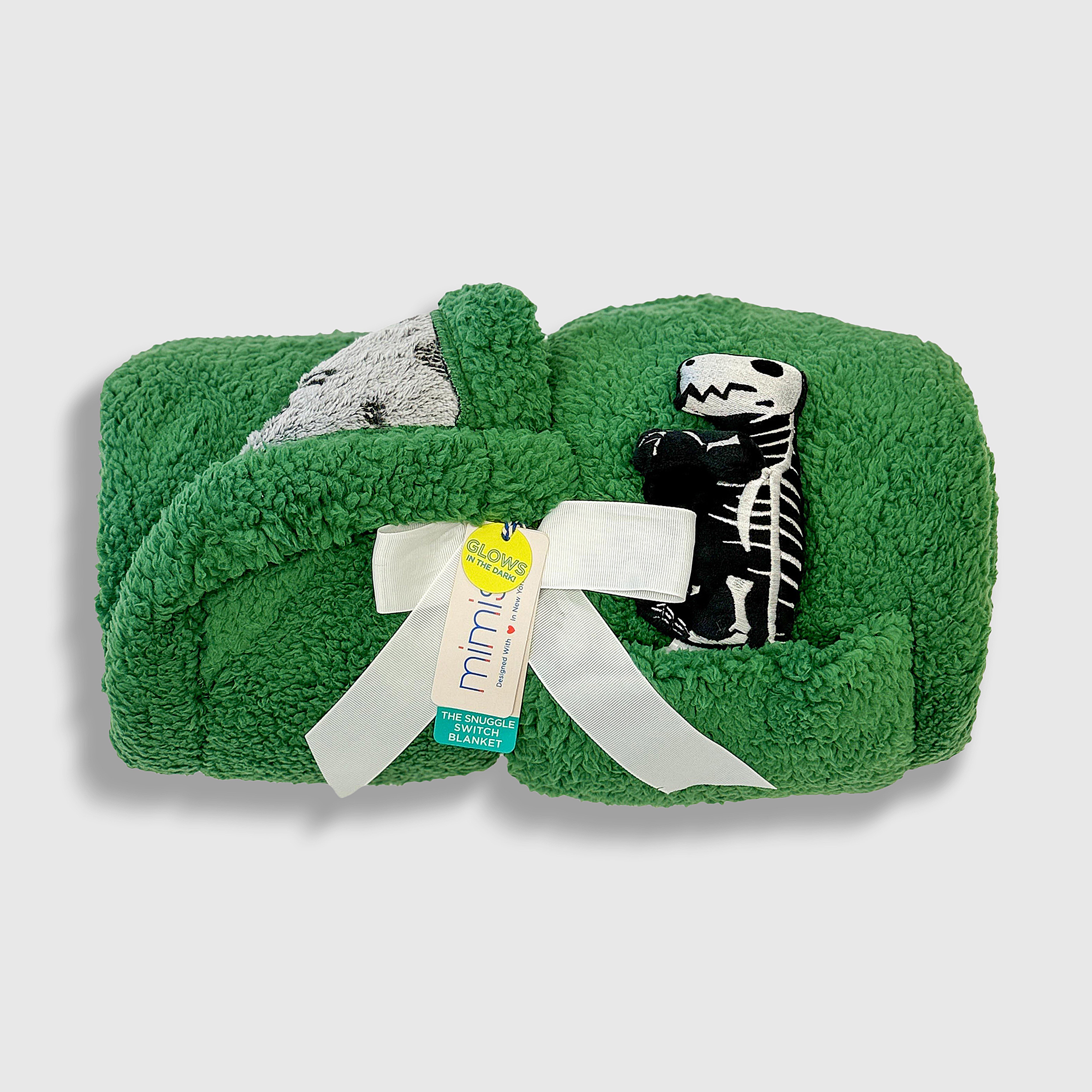Cozy Switch Blanket – Reversible Sherpa & Glow-in-the-Dark Blanket with Plush Toy Pocket, Glow Dino Bones