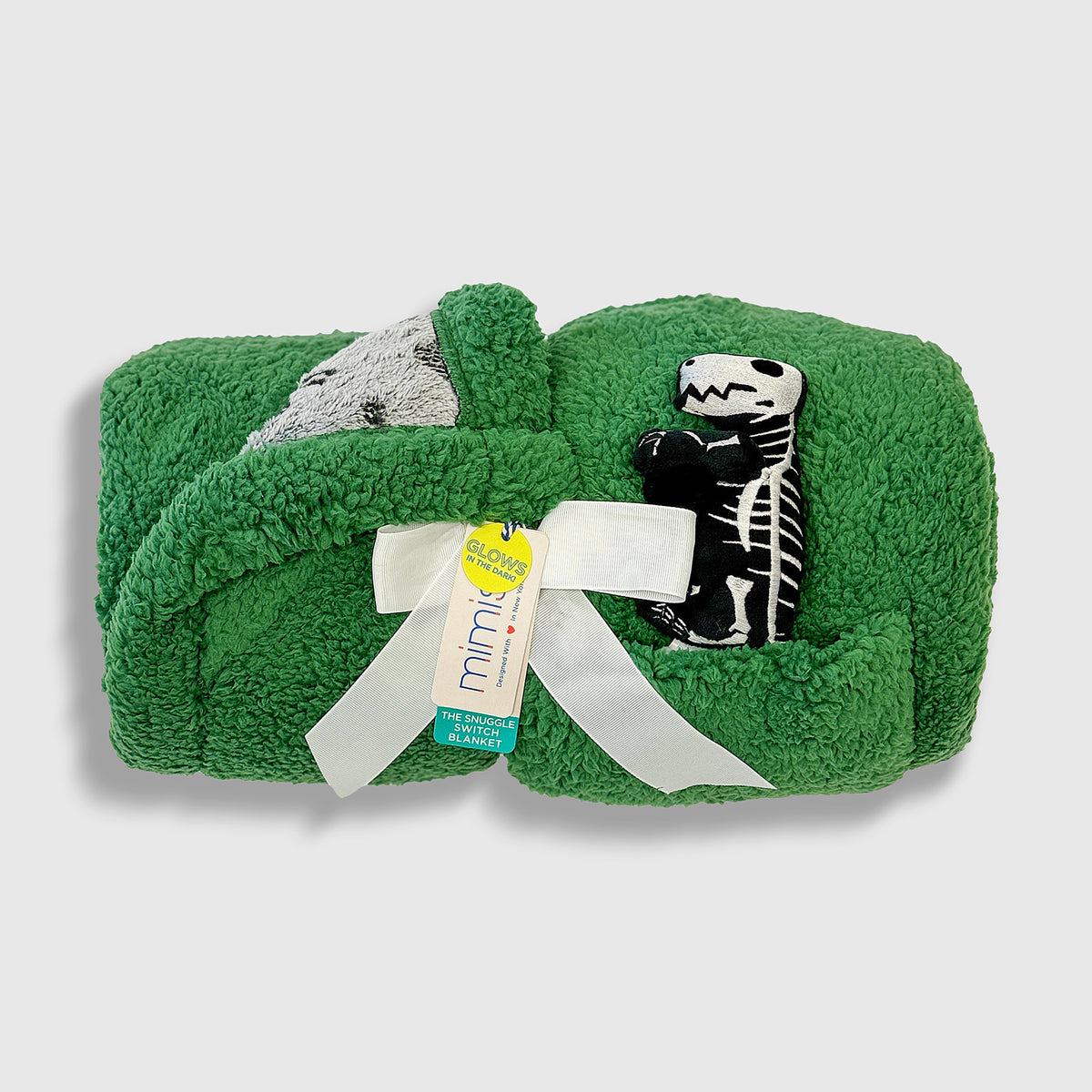 Cozy Switch Blanket – Reversible Sherpa & Glow-in-the-Dark Blanket with Plush Toy Pocket, Glow Dino Bones