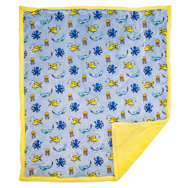 Cozy Switch Blanket – Reversible Sherpa & Glow-in-the-Dark Blanket with Plush Toy Pocket, Glow Sea Critters
