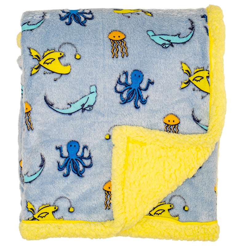 Cozy Switch Blanket – Reversible Sherpa & Glow-in-the-Dark Blanket with Plush Toy Pocket, Glow Sea Critters