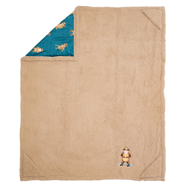 Cozy Switch Blanket – Reversible Sherpa & Mink Fleece Blanket with Embroidered Appliqué, Skating Sloths
