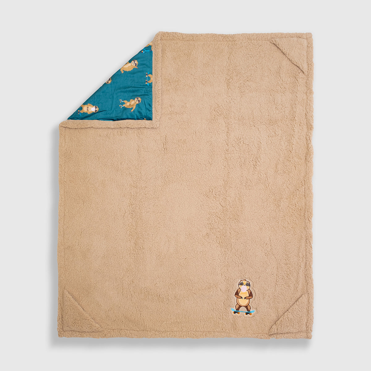 Cozy Switch Blanket – Reversible Sherpa & Mink Fleece Blanket with Embroidered Appliqué, Skating Sloths