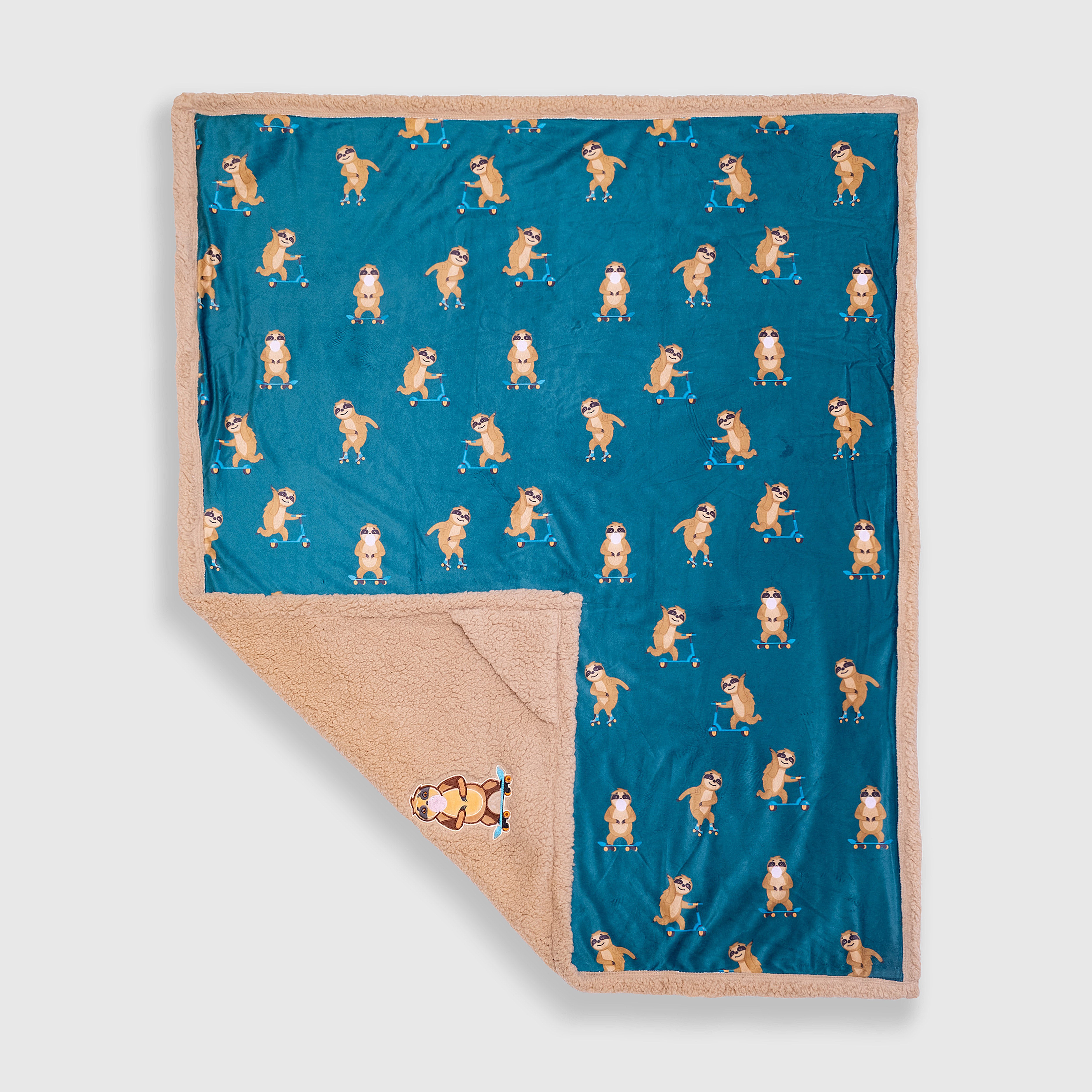 Cozy Switch Blanket – Reversible Sherpa & Mink Fleece Blanket with Embroidered Appliqué, Skating Sloths