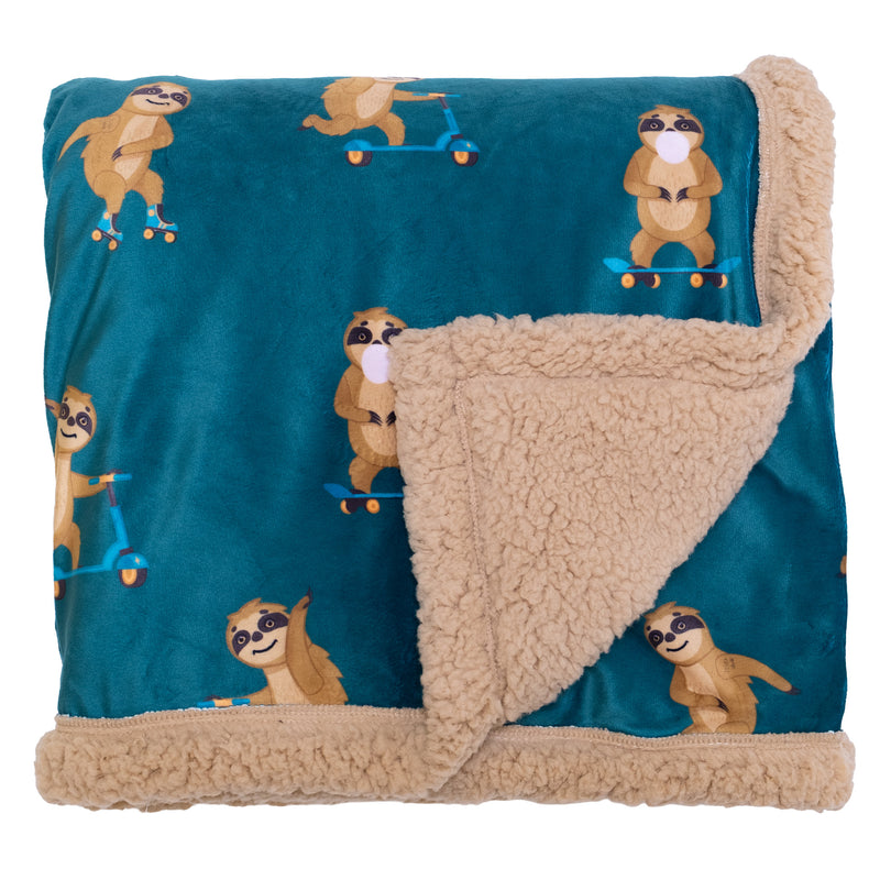 Cozy Switch Blanket – Reversible Sherpa & Mink Fleece Blanket with Embroidered Appliqué, Skating Sloths