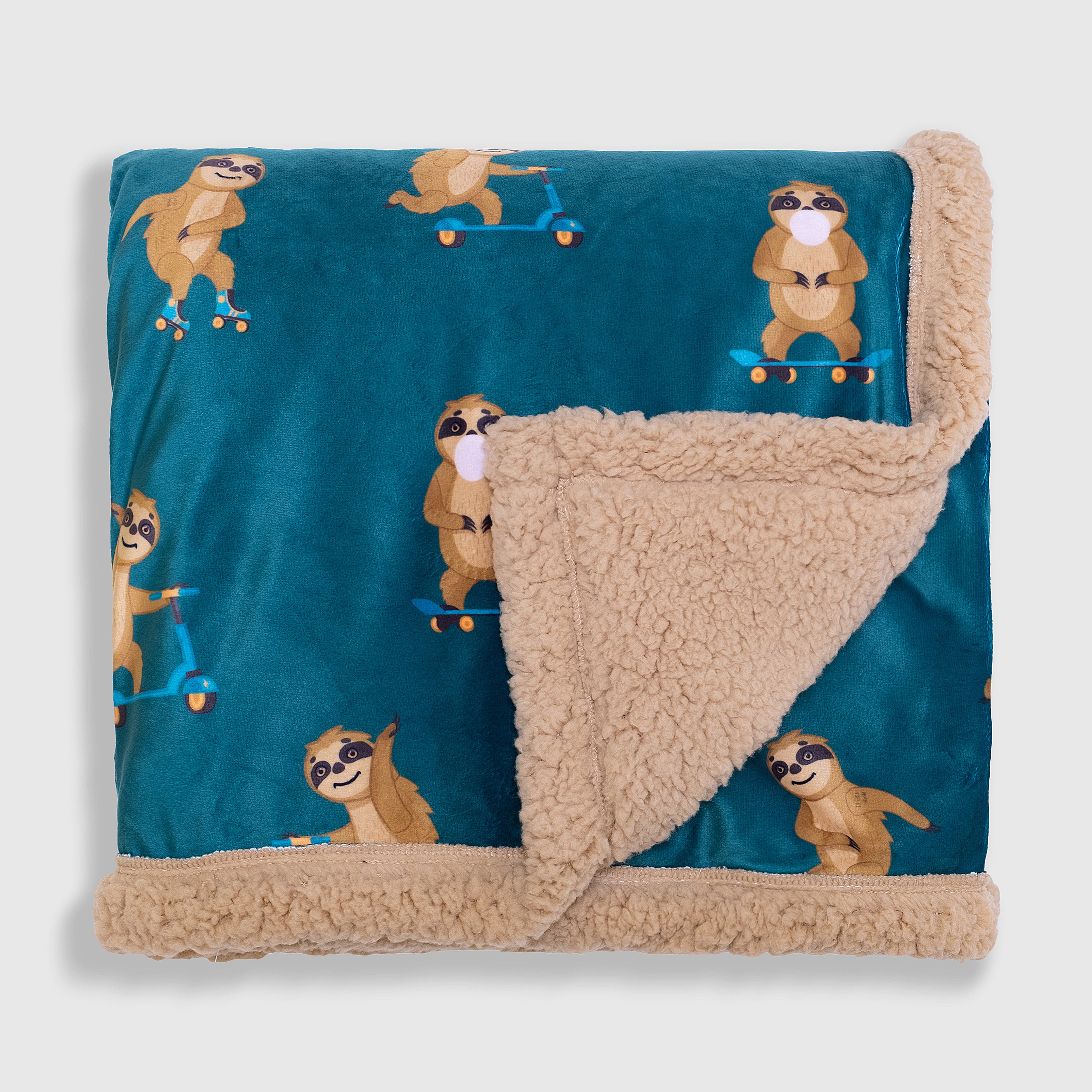 Cozy Switch Blanket – Reversible Sherpa & Mink Fleece Blanket with Embroidered Appliqué, Skating Sloths