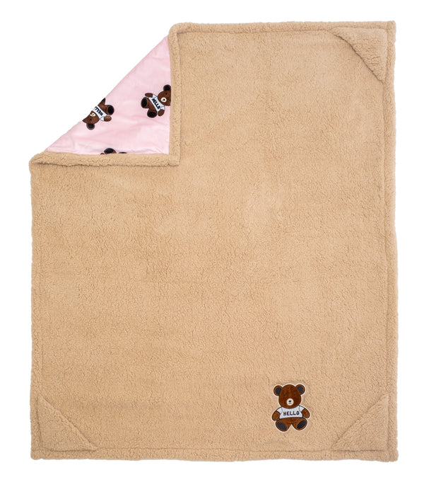 Cozy Switch Blanket – Reversible Sherpa & Mink Fleece Blanket with Embroidered Appliqué, Teddy Bears