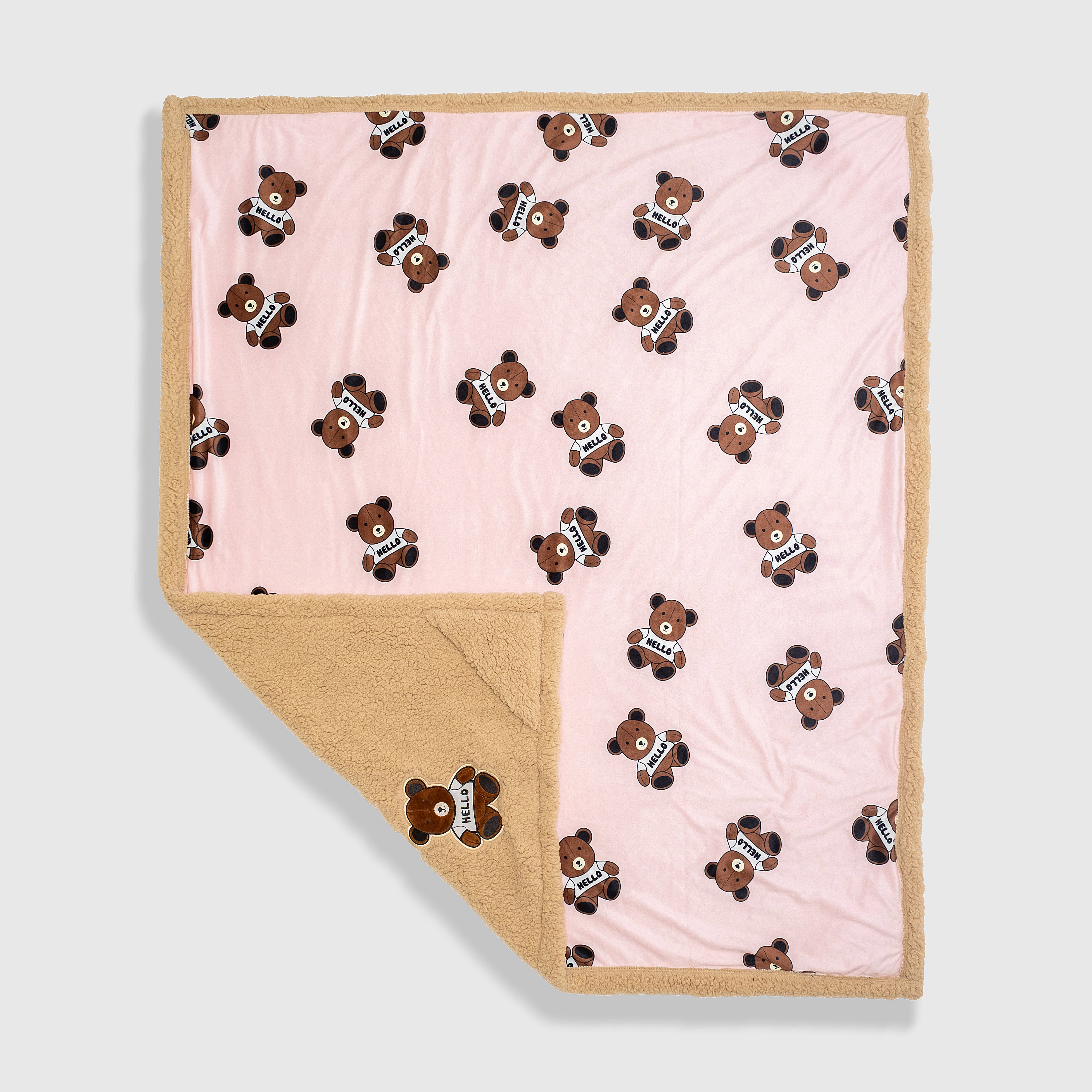 Cozy Switch Blanket – Reversible Sherpa & Mink Fleece Blanket with Embroidered Appliqué, Teddy Bears