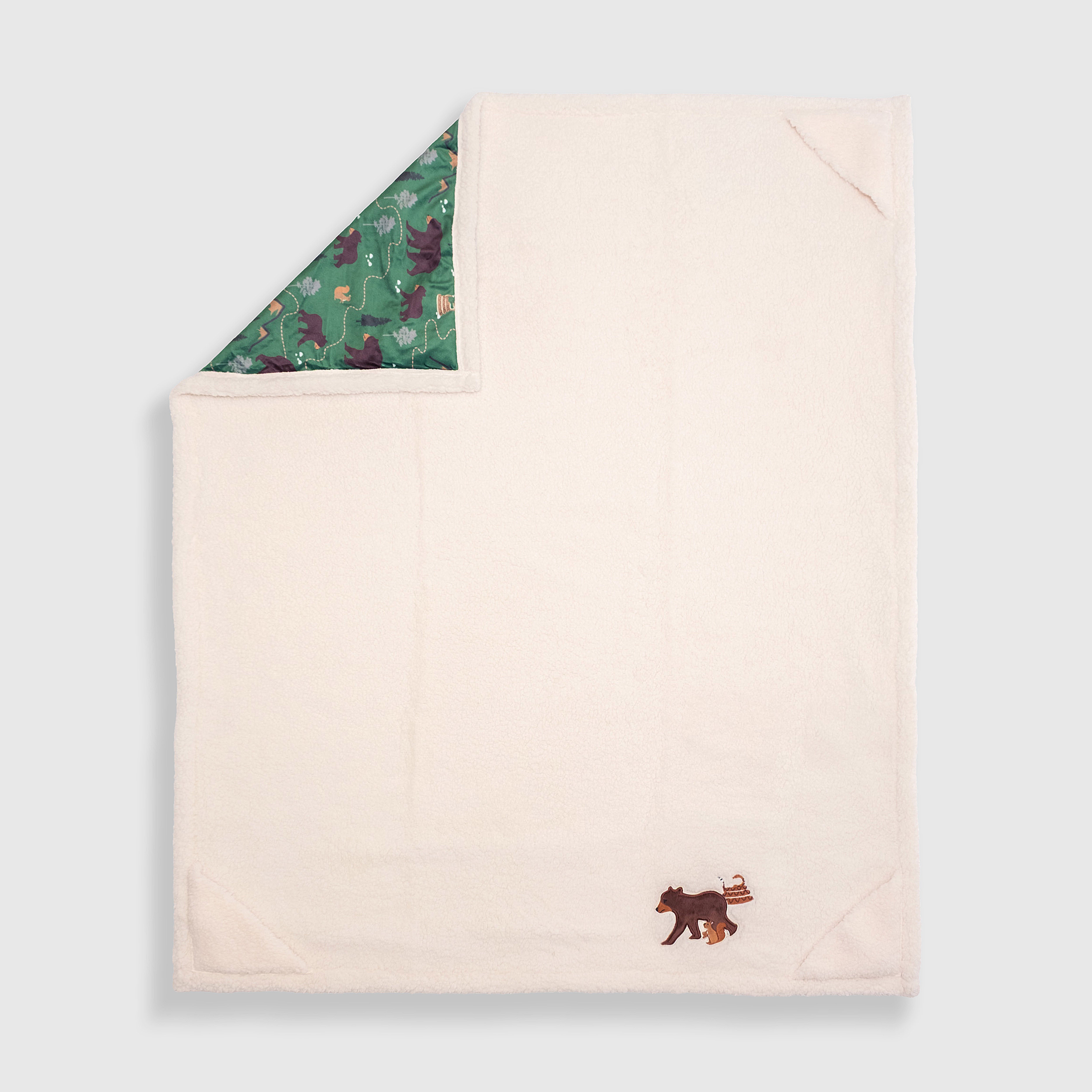 Cozy Switch Blanket – Reversible Sherpa & Mink Fleece Blanket with Embroidered Appliqué, Camping Bears
