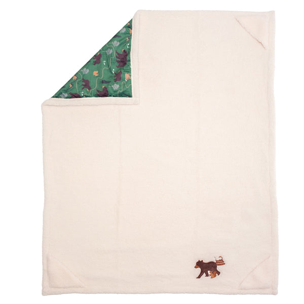 Cozy Switch Blanket – Reversible Sherpa & Mink Fleece Blanket with Embroidered Appliqué, Camping Bears