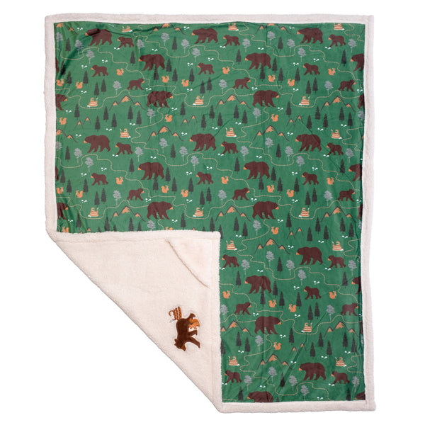 Cozy Switch Blanket – Reversible Sherpa & Mink Fleece Blanket with Embroidered Appliqué, Camping Bears