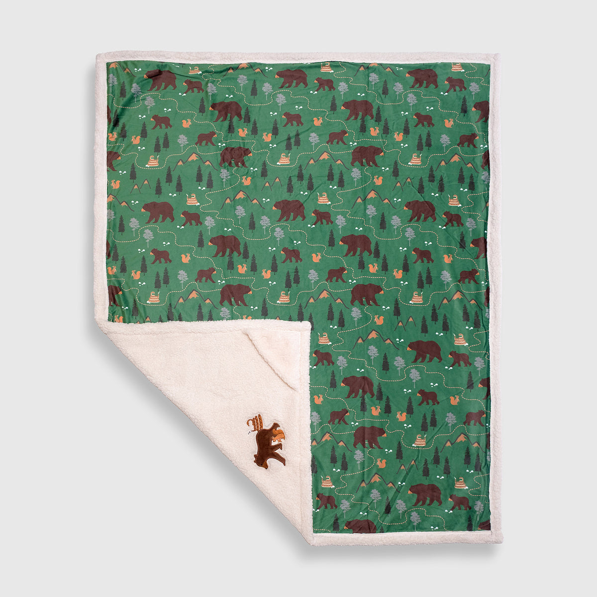 Cozy Switch Blanket – Reversible Sherpa & Mink Fleece Blanket with Embroidered Appliqué, Camping Bears