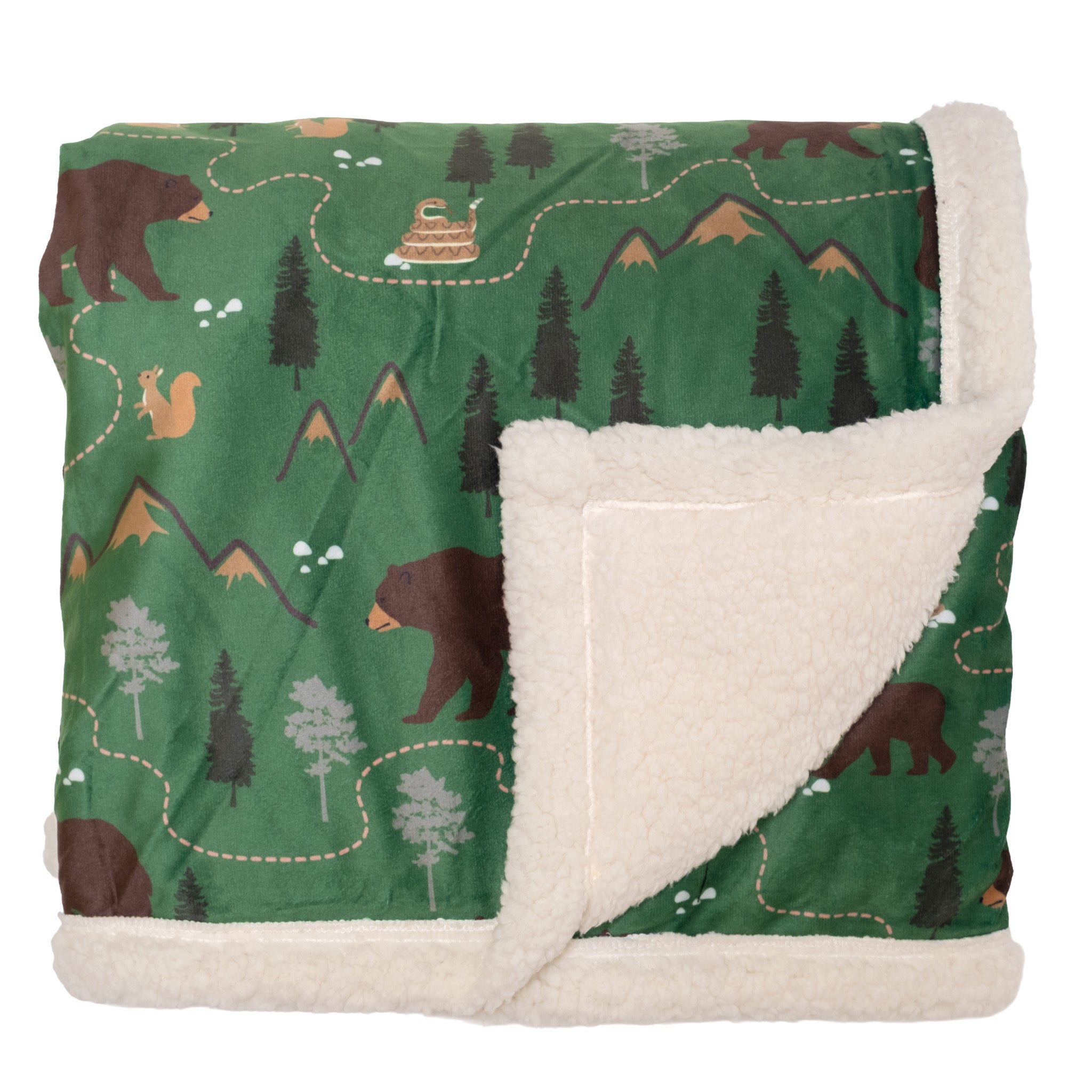 Cozy Switch Blanket – Reversible Sherpa & Mink Fleece Blanket with Embroidered Appliqué, Camping Bears