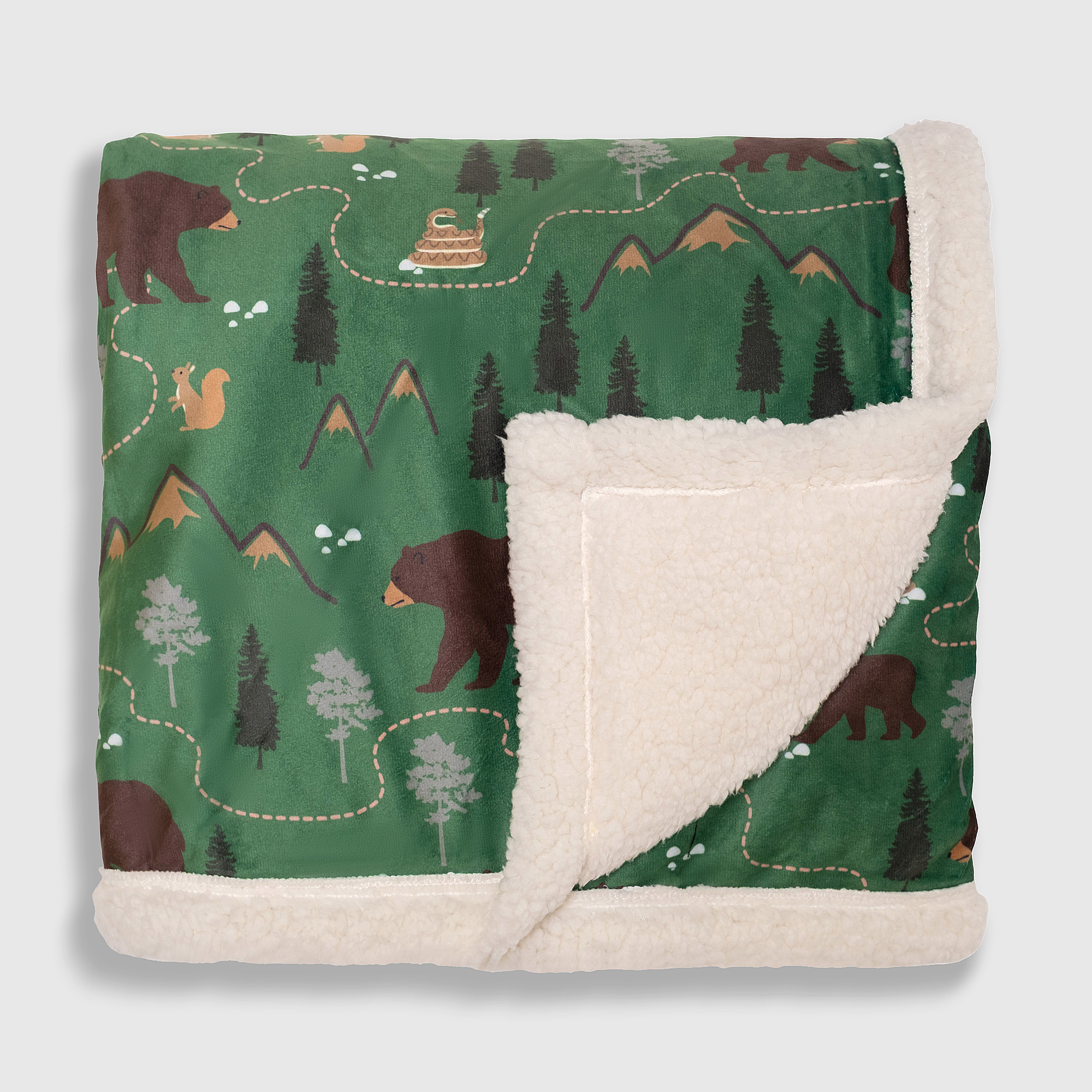 Cozy Switch Blanket – Reversible Sherpa & Mink Fleece Blanket with Embroidered Appliqué, Camping Bears