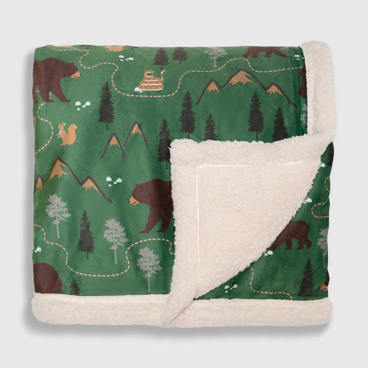 Cozy Switch Blanket – Reversible Sherpa & Mink Fleece Blanket with Embroidered Appliqué, Camping Bears