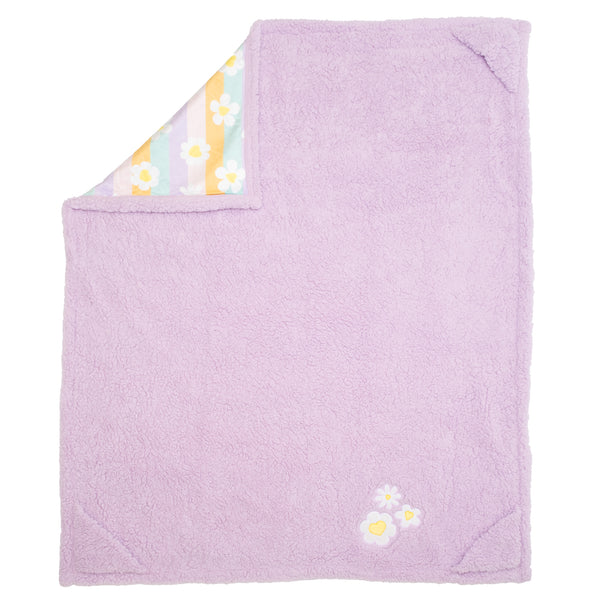 Cozy Switch Blanket – Reversible Sherpa & Mink Fleece Blanket with Embroidered Appliqué, Happy Daisy Stripes