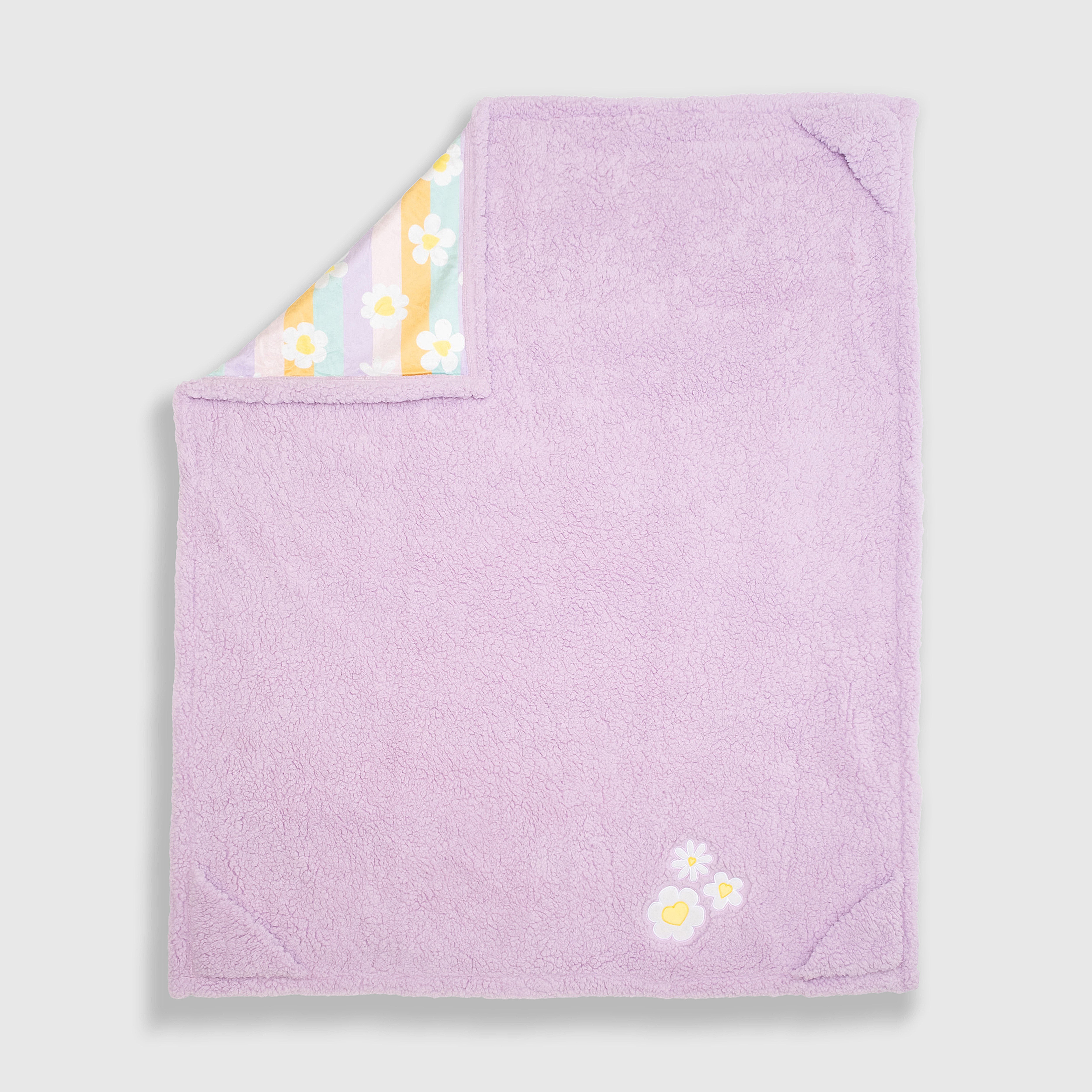 Cozy Switch Blanket – Reversible Sherpa & Mink Fleece Blanket with Embroidered Appliqué, Happy Daisy Stripes
