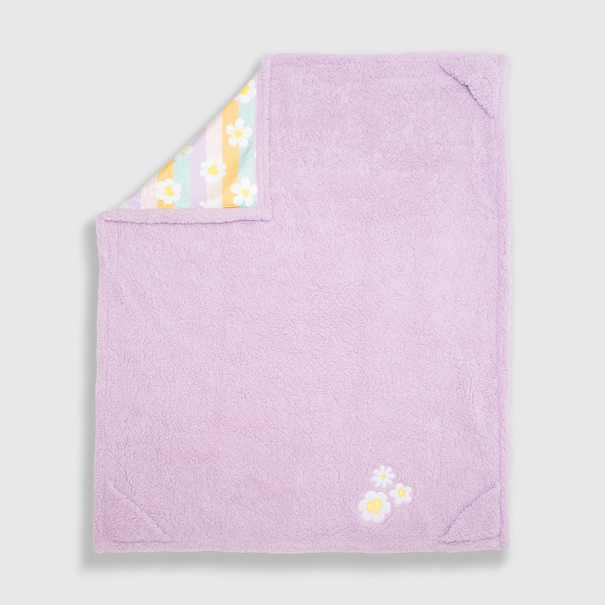 Cozy Switch Blanket – Reversible Sherpa & Mink Fleece Blanket with Embroidered Appliqué, Happy Daisy Stripes
