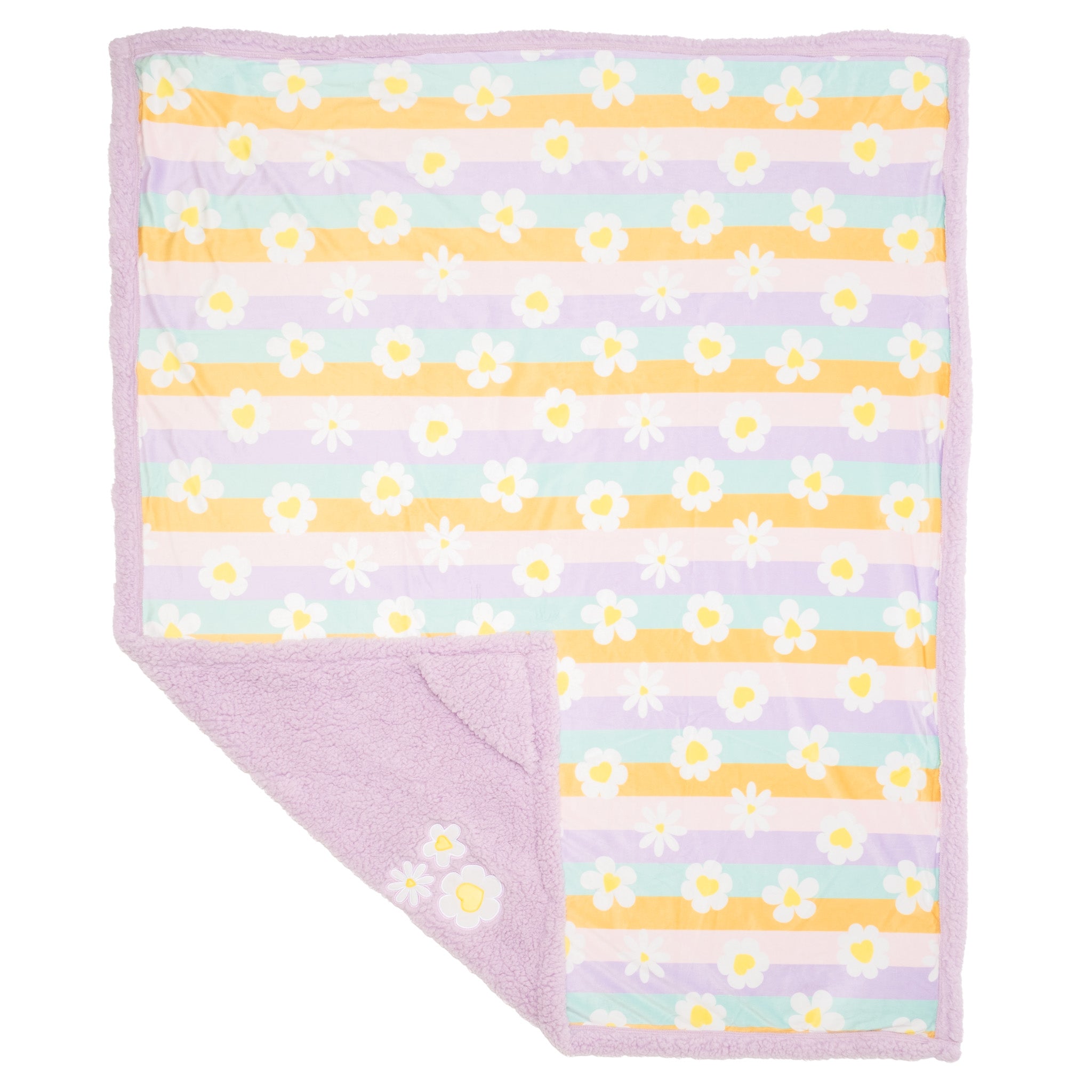 Cozy Switch Blanket – Reversible Sherpa & Mink Fleece Blanket with Embroidered Appliqué, Happy Daisy Stripes