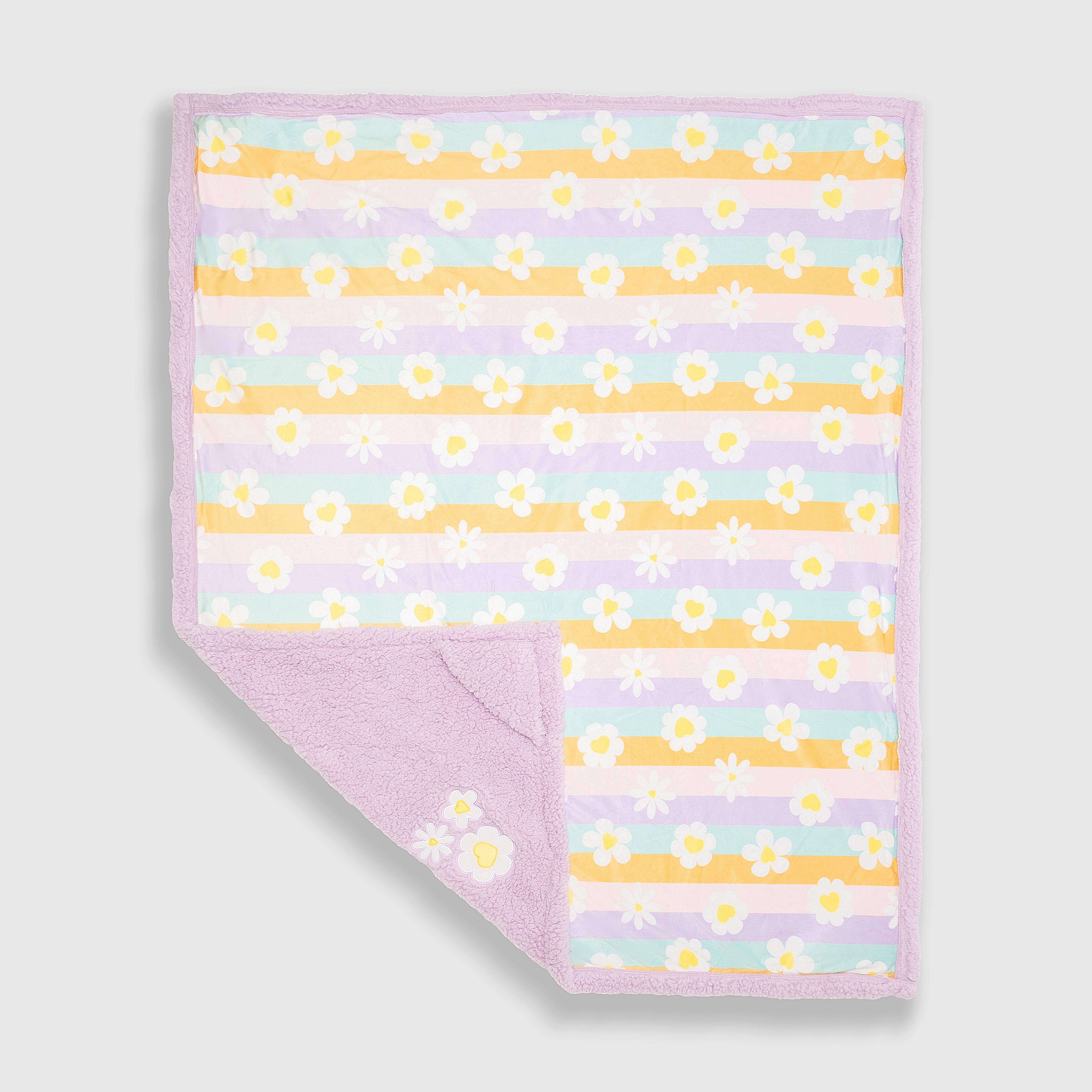 Cozy Switch Blanket – Reversible Sherpa & Mink Fleece Blanket with Embroidered Appliqué, Happy Daisy Stripes