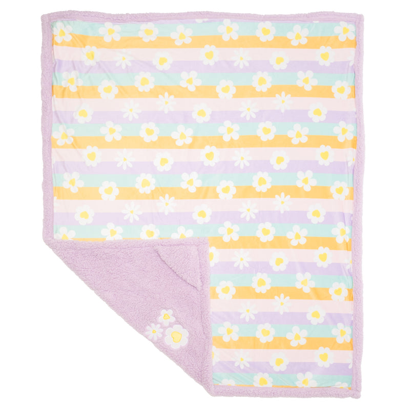 Cozy Switch Blanket – Reversible Sherpa & Mink Fleece Blanket with Embroidered Appliqué, Happy Daisy Stripes