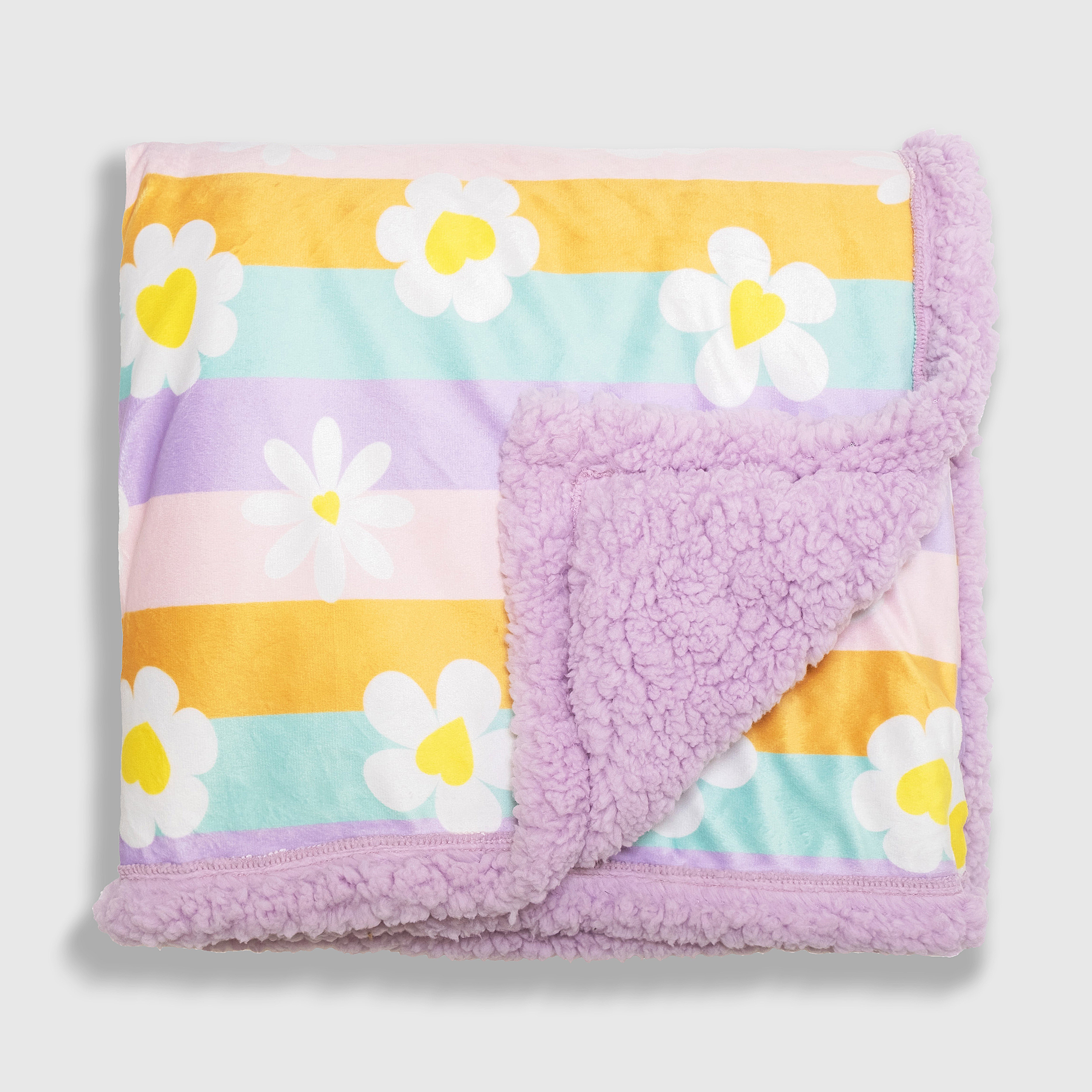 Cozy Switch Blanket – Reversible Sherpa & Mink Fleece Blanket with Embroidered Appliqué, Happy Daisy Stripes