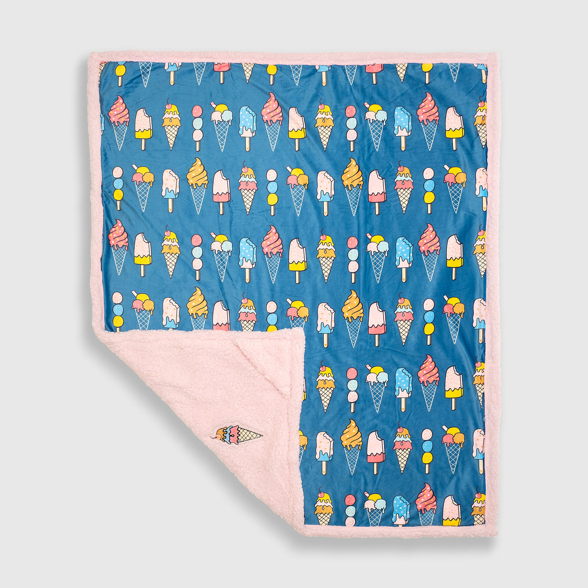 Cozy Switch Blanket – Reversible Sherpa & Mink Fleece Blanket with Embroidered Appliqué, Ice Creams