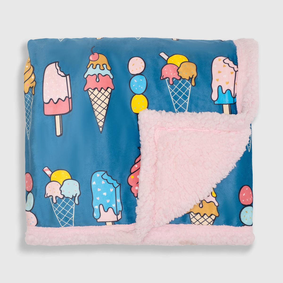 Cozy Switch Blanket – Reversible Sherpa & Mink Fleece Blanket with Embroidered Appliqué, Ice Creams