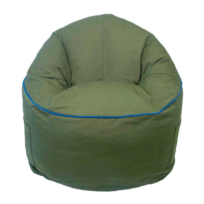 Campus Round Bean Bag Chair – Olive Cotton Canvas with Navy Blue Piping – Refillable, Washable Cover, Memory Foam Fill