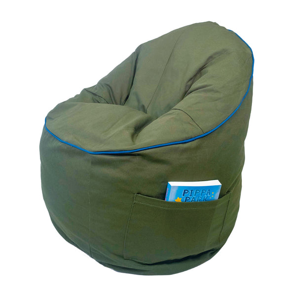 Campus Round Bean Bag Chair – Olive Cotton Canvas with Navy Blue Piping – Refillable, Washable Cover, Memory Foam Fill