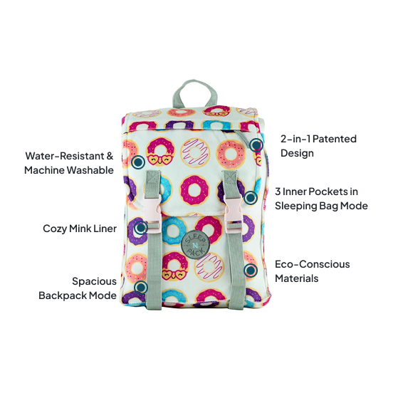 Sleep-n-Pack: Packable Little Kid's Sleeping Bag & Backpack, Cozy Mink, Donuts