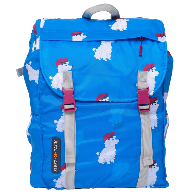 Sleep-N-Pack™ Big Kid Sleeping Bag Backpack – French Poodle Print in Brilliant Blue