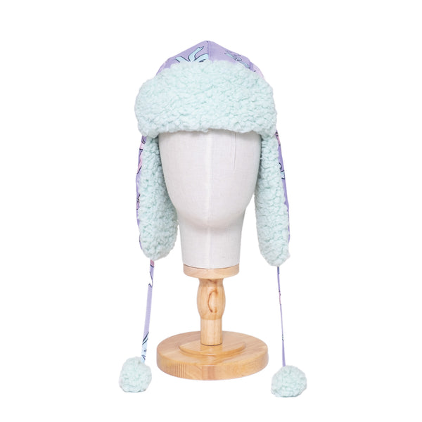 The Cozy Trapper Hat – Bows Print with Pale Aqua Sherpa Liner & Pompoms