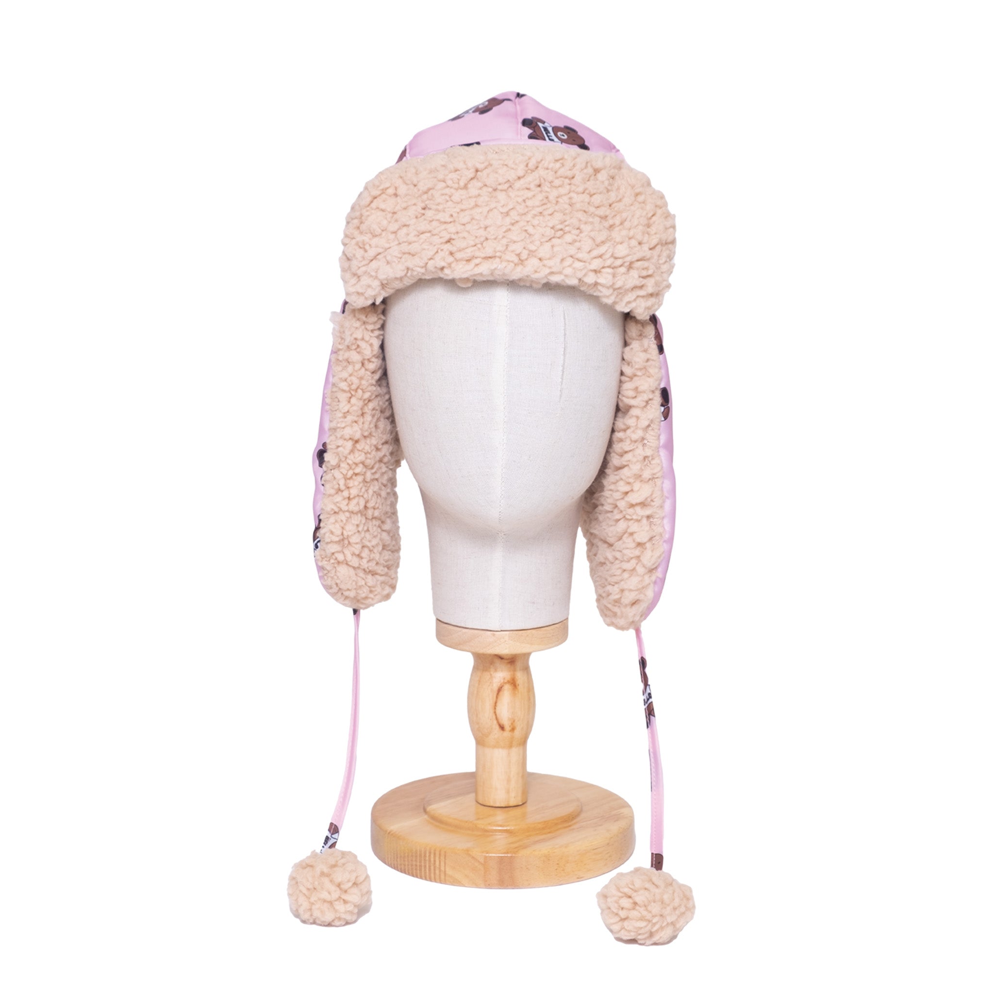 The Cozy Trapper Hat – Teddy Bears Print with Irish Cream Sherpa Liner & Pompoms