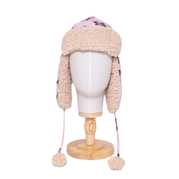 The Cozy Trapper Hat – Teddy Bears Print with Irish Cream Sherpa Liner & Pompoms