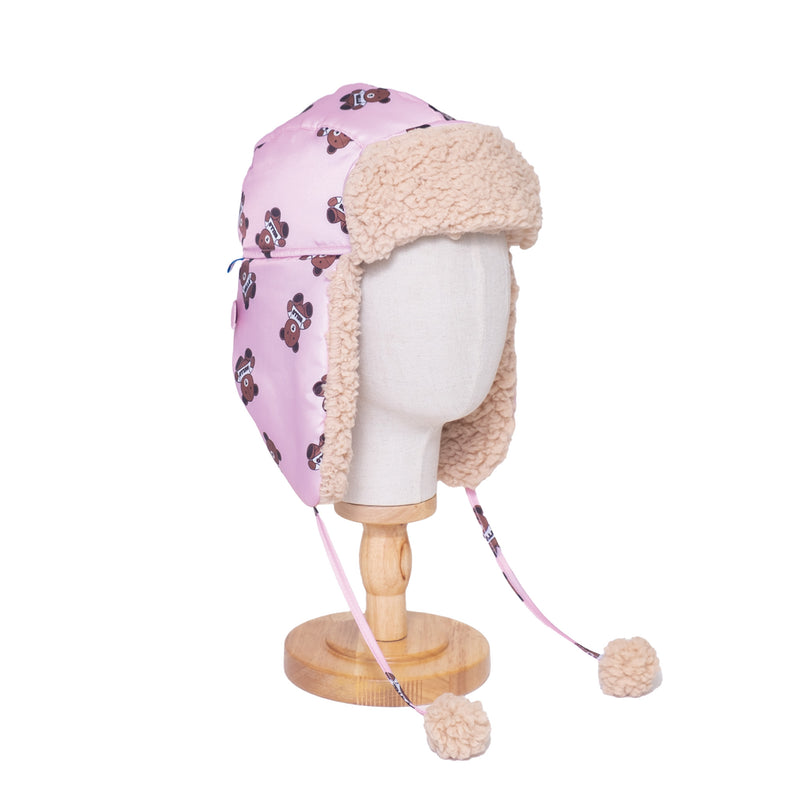 The Cozy Trapper Hat – Teddy Bears Print with Irish Cream Sherpa Liner & Pompoms