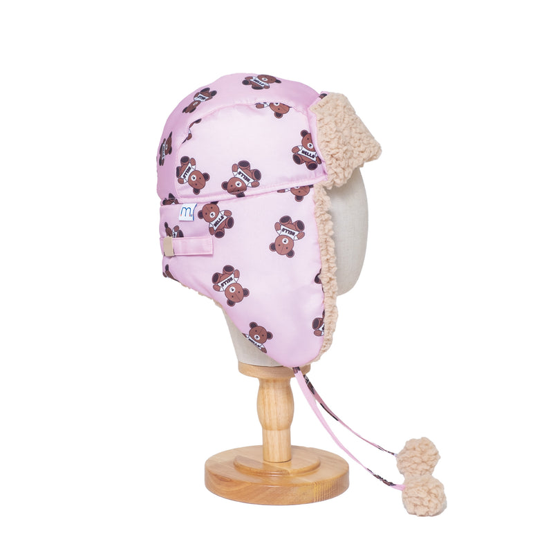 The Cozy Trapper Hat – Teddy Bears Print with Irish Cream Sherpa Liner & Pompoms