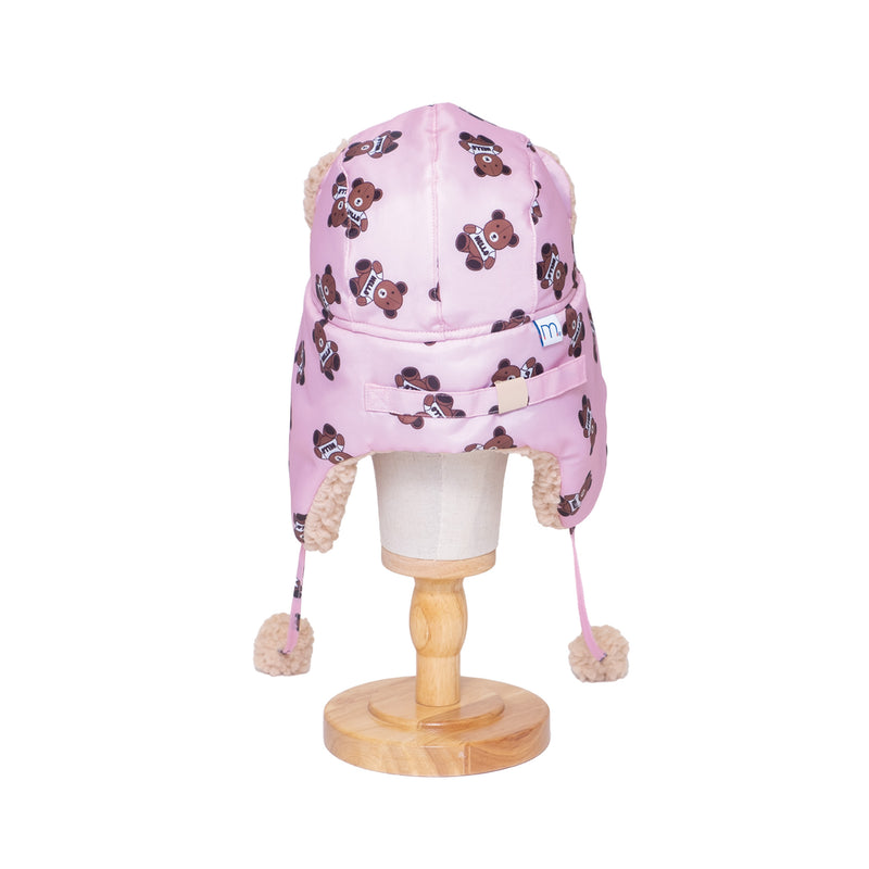The Cozy Trapper Hat – Teddy Bears Print with Irish Cream Sherpa Liner & Pompoms