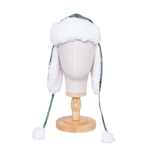 The Cozy Trapper Hat – Camping Trails Print with Coconut White Sherpa Liner & Pompoms