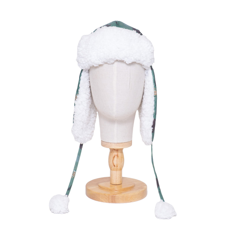 The Cozy Trapper Hat – Camping Trails Print with Coconut White Sherpa Liner & Pompoms