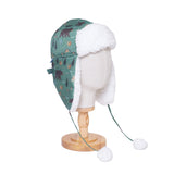 The Cozy Trapper Hat – Camping Trails Print with Coconut White Sherpa Liner & Pompoms