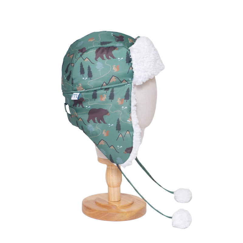 The Cozy Trapper Hat – Camping Trails Print with Coconut White Sherpa Liner & Pompoms