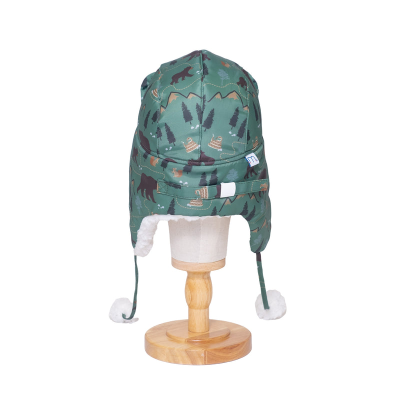 The Cozy Trapper Hat – Camping Trails Print with Coconut White Sherpa Liner & Pompoms