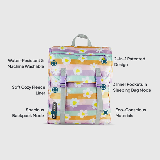Sleep-n-pack: Packable Sleeping Bag, Big Kid 7-12+ yrs  - Happy Daisy Stripes