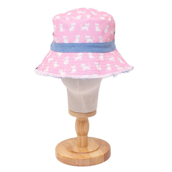 Reversible Kids Denim Bucket Hat – Embroidered Kittens & Pink Canvas Print | Frayed Brim