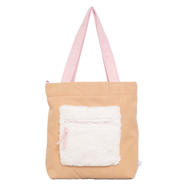 Color Block Tote – Corduroy & Sherpa Bag with Double Pockets + Cozy Coin Purse, Curry