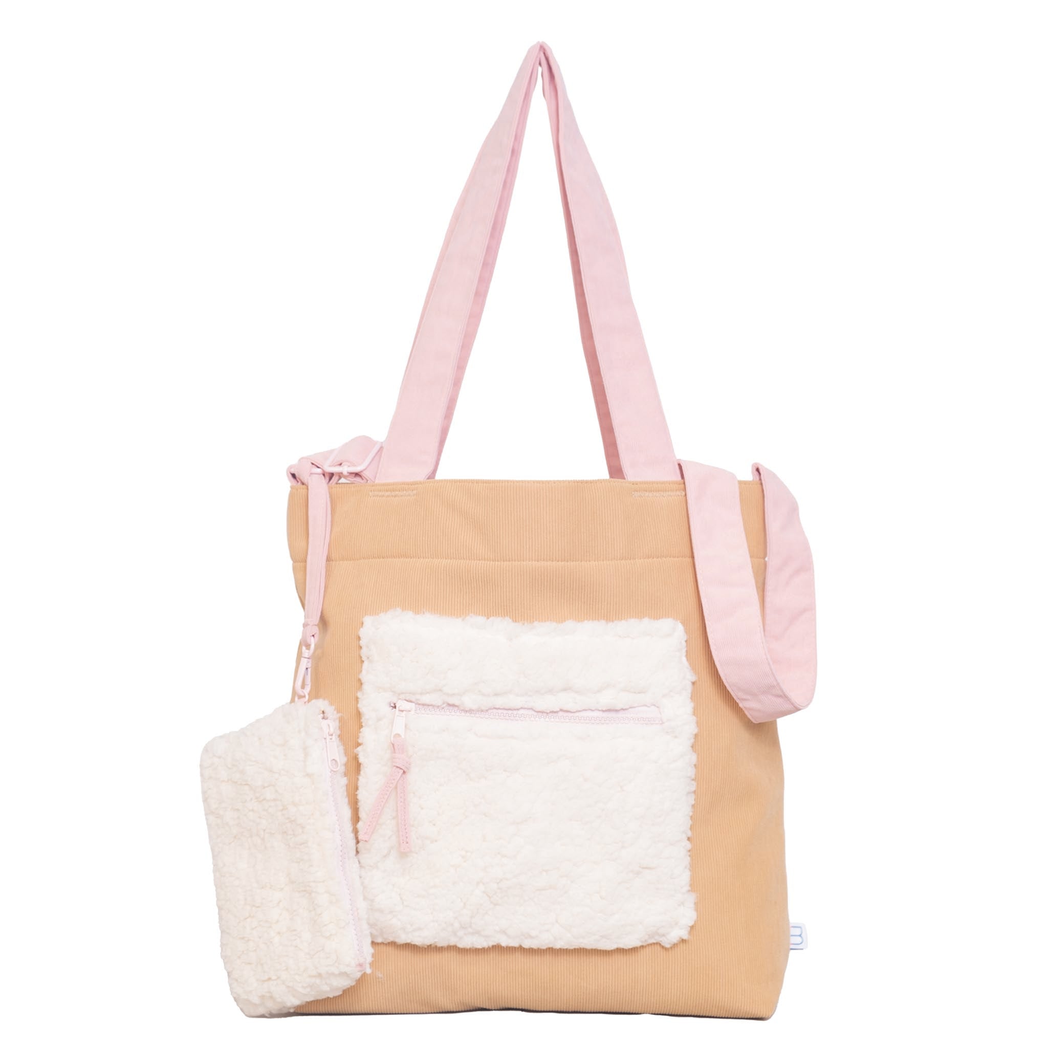 Color Block Tote – Corduroy & Sherpa Bag with Double Pockets + Cozy Coin Purse, Curry